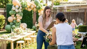 A professional children's party planner coordinating a themed backyard event with decorations and happy kids.