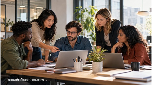 Startup team collaborating around laptops in a modern office.