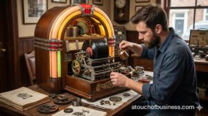 A male technician lubricating the mechanical record-changing mechanism of an antique jukebox in a traditional workshop setting.
