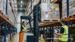 3PL worker operates a reach truck, placing a pallet in high-bay racking while another checks inventory.