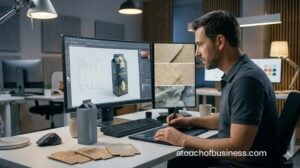 A man designing a consumer juice carton on a computer