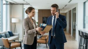 A personal concierge presenting organized travel documents to a busy professional client.