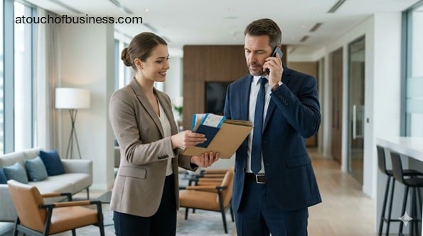 A personal concierge presenting organized travel documents to a busy professional client.