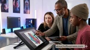 An instructor guides young adults in a modern digital art class using tablets and styluses.