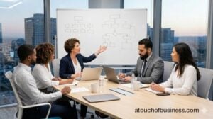 HR consultants and client collaborate on workforce strategy in a modern conference room.