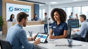 A friendly ISP representative assists a customer with service plans in an office; background staff monitor networks.