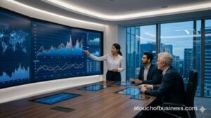 Group of innovation consultants in a meeting room, brainstorming with sticky notes and digital tablets.