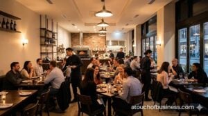 A busy modern Italian restaurant dining room with patrons enjoying dinner and wine.