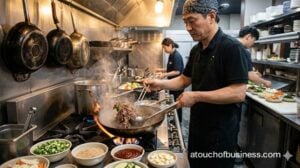 Realistic evening scene inside a bustling Korean BBQ restaurant, friends grilling samgyeopsal with banchan side dishes.