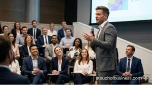 Male keynote speaker delivering a dynamic presentation on stage at a corporate event with an engaged audience.