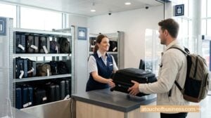 A staff member assists a customer at a clean, luggage storage drop-off counter in a train station.