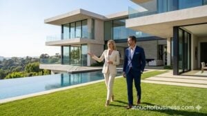 Real estate agent touring a modern architectural mansion with a client.
