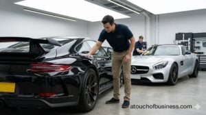 A technician details a black Porsche 911 GT3 inside a clean vehicle preparation bay.