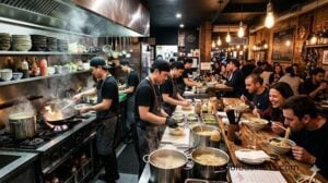 Inside a noodle bar, a male chef prepares ramen at the counter while diverse customers enjoy their meals during the day.