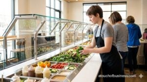 A modern salad bar employee in a black apron restocks fresh spinach and vibrant vegetables behind a glass sneeze guard.