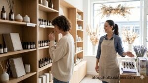 Aromatherapy shop interior with natural light and customers browsing essential oils.