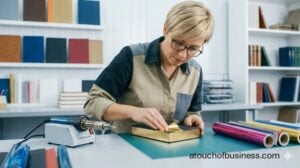 Close-up of a woman artisan applying gold foil detailing to the spine of a leather-bound book using a heated tool.