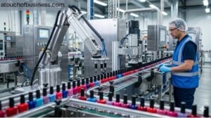 Automated conveyor line filling and capping colorful nail polish bottles with a robotic arm in a factory.