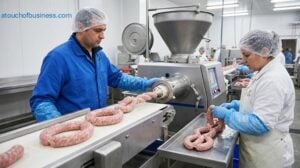 Automated machine filling and twisting fresh sausage casings on production line.