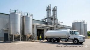 Industrial biodiesel production facility with large stainless-steel tanks and processing equipment.