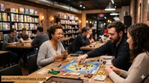 A group of friends playing a board game at a modern board game cafe with warm lighting.