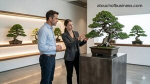 Sales associate explaining bonsai care instructions to a customer in an upscale, minimalist retail showroom.