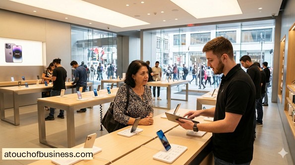 Customers browse smartphones and interact with staff inside a modern cell phone store with bright lighting.