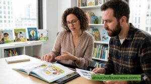 Two children's book editors review illustrated proofs and a digital manuscript in a bright, modern office.