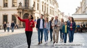 A female tour guide gestures toward historic architecture while leading a diverse group of tourists on a city walk.