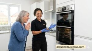 A happy customer looks in awe at her sparkling clean oven, presented by a professional smiling technician.