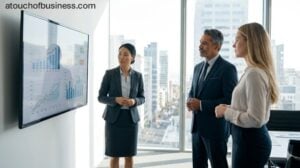 Risk management consultant presents strategic mitigation plan to corporate clients in a sunlit downtown boardroom.