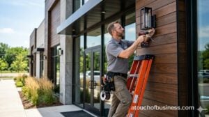 Installer securing modern architectural wall sconce to commercial building facade in daylight.