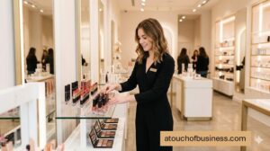 Retail employee arranging a branded makeup display in a modern store.