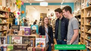 Three distinct young adults laughing while browsing unique board games inside a modern novelty shop.