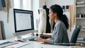 Woman in studio designing a dress pattern digitally using a stylus and monitor. (91 characters)