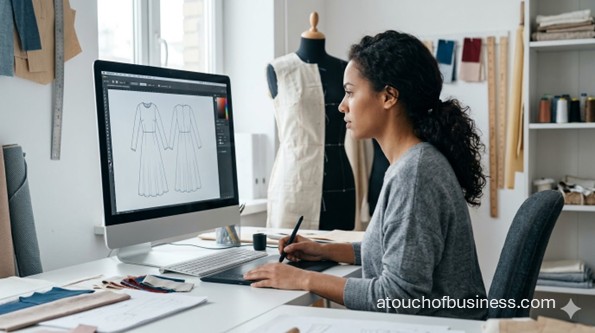 Woman in studio designing a dress pattern digitally using a stylus and monitor. (91 characters)