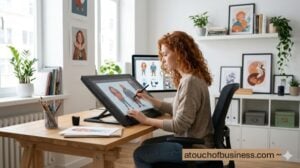 A digital illustrator with red hair uses a graphics tablet and stylus in a bright art studio.
