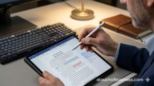 A close-up view of a hand using a digital stylus to annotate an electronic document on a tablet.