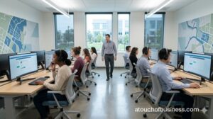 Students wearing headsets practice pronunciation in a modern digital language lab.