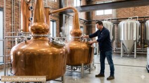 Craft distillery worker adjusting valves on a large copper pot still in a production facility.