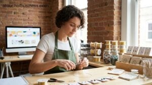 A jewelry maker with curly brown hair in a green apron assembles a gold necklace at a sunlit wooden bench.