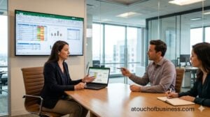 Female Excel consultant presenting data analysis on a monitor to clients in a modern glass office.