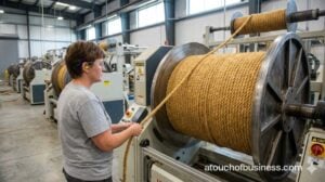 A worker monitoring natural fibers winding onto massive industrial spools at a rope factory.