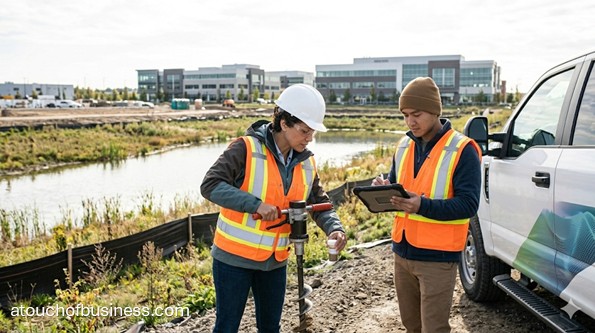 Two environmental specialists conducting a site assessment near a construction project, using a soil auger and tablet.