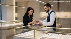 A customer viewing an illuminated gemstone ring presented by a salesperson in a modern store.