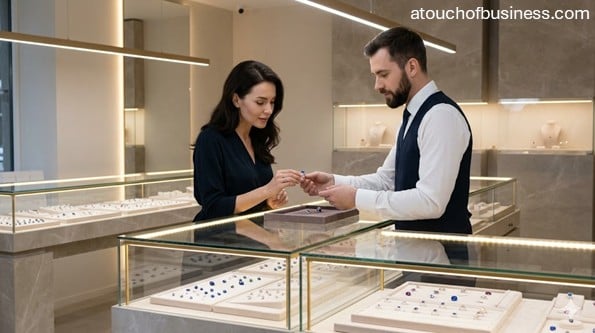 A customer viewing an illuminated gemstone ring presented by a salesperson in a modern store.