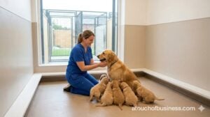 A dog breeding business operator interacts with a golden retriever and her healthy puppies in a clean kennel.