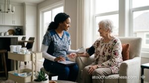 A friendly home health aide in scrubs checks the blood pressure of an elderly woman in a bright, modern living room.
