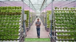 Farmer in vertical hydroponic farm greenhouse uses a tablet to monitor lush lettuce crops.