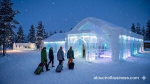 A glowing Ice Hotel entrance welcomes new guests arriving at dusk in a snowy arctic landscape.